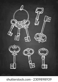 Vintage keys collection. Chalk sketches on blackboard background. Hand drawn vector illustration. Retro style.