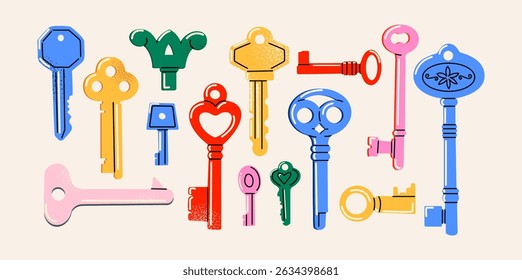 Vintage keys collection in retro cartoon style. Colorful objects: heart key, antique forms, classic shapes. Illustration in funky, doodle style, trendy sticker set