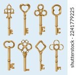 Vintage keys. Golden realistic real estate keys in ornate style decent vector tools for old doors