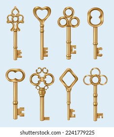 Vintage keys. Golden realistic real estate keys in ornate style decent vector tools for old doors