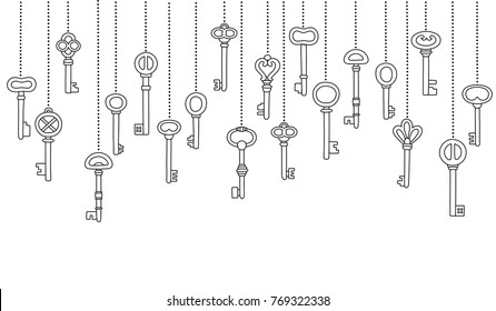Vintage keys icons set hanged in a row, outlines, isolated on a white background, seamless pattern. Vector illustration.