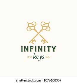 Vintage Keys with Infinity Swirls. Abstract Vector Sign, Symbol or Logo Template. Crossed Keys Sillhouettes with Infinite Loop Elements and Classy Retro Typography. Vector Emblem. Isolated.