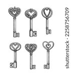 Vintage keys ink sketches set. Valentine day design. Hand drawn illustrations. Retro style.