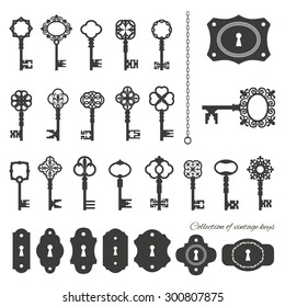 Vintage keys and keyholes set isolated on white.