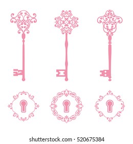 Vintage keys and keyholes set in pink color isolated on white. Vector illustration.
