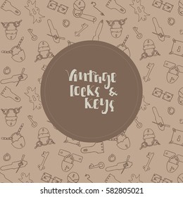 Vintage keys and locks background. Hand drawn icons.