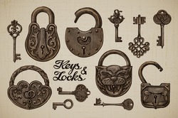 Vintage Keys And Locks. Open And Closed Padlock. Secret Or Mystery. Hand-drawn Collection Of Vector Retro Objects