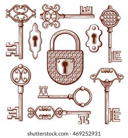 Vintage keys, locks and padlocks hand drawn. Keyhole and secrecy, various classic elements, vector illustration