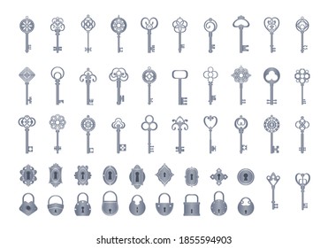 Vintage keys with locks set. Openwork exclusives to close secrets vintage for safes doors classic medieval style for opening treasure chests ornaments reliable security. Vector decoration.