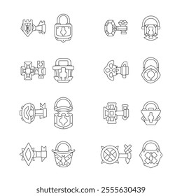 Vintage Keys and locks, signs and icons, line black white for web or games