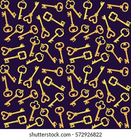 Vintage keys on dark blue background doodles decorative seamless vector pattern