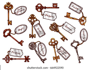 Vintage keys on keychain tags with names to open door for dream, love or hope and passion. Vector heraldic old brass or metal bronze forged keys with ornate and flourish bows or wards