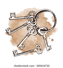 Vintage keys on ring over watercolor background. Isolated Vector illustration