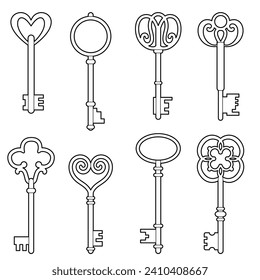 Vintage keys on white background set. Black-and-white outline Illustration, design elements.