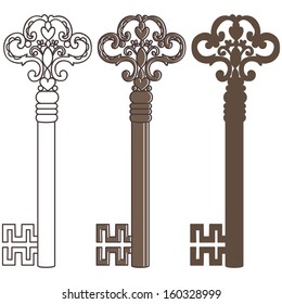 Vintage keys on white, vector, set 6