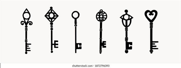 Vintage keys ornate hand drawn vector illustration set. Collection of antique decorative keys. unlock the secret treasure, graphic design elements for creative projects. silhouette artwork