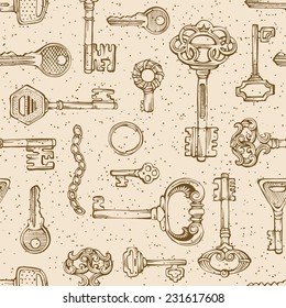 Vintage keys pattern. Retro hand-drawn sepia background. 
