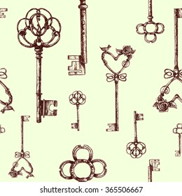Vintage keys. seamless pattern. Hand drawn illustration. antiques icon.