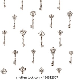 Vintage keys seamless pattern. Hand drawn illustration.