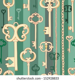 Vintage keys seamless pattern on green