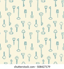 Vintage keys seamless pattern. Vector doodle hand drawn illustration. Wrapping paper, wallpaper, textile pattern design. Coloring page for adults.