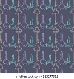 Vintage keys seamless pattern. Vector doodle hand drawn illustration. Wrapping paper, wallpaper, textile pattern design. Coloring page for adults.