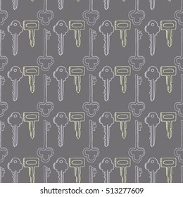 Vintage keys seamless pattern. Vector doodle hand drawn illustration. Wrapping paper, wallpaper, textile pattern design. Coloring page for adults.
