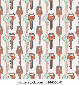 Vintage keys seamless pattern. Vector doodle hand drawn illustration. Wrapping paper, wallpaper, textile pattern design. Coloring page for adults.