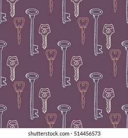 Vintage keys seamless pattern. Vector doodle hand drawn illustration. Wrapping paper, wallpaper, textile pattern design. Coloring page for adults.