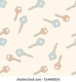 Vintage keys seamless pattern. Vector doodle hand drawn illustration. Wrapping paper, wallpaper, textile pattern design. Coloring page for adults.