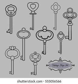 Vintage keys set. Different keys set on the grey background.