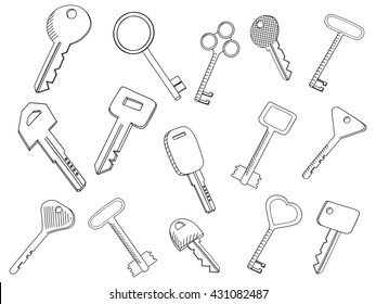 Vintage keys set isolated on white. Coloring book vector illustration. Symbol of nostalgia, security and access.