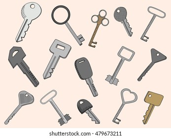Vintage keys set isolated on white. Vector illustration. Symbol of nostalgia, security and access.