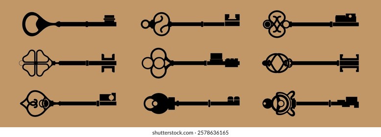 Vintage keys set on a brown background. Nine antique keys, each with unique designs. Silhouette of vintage keys, perfect for retro or antique themes. Element vector set.