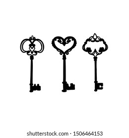 Vintage Keys Set. Retro objects. Black Silhouettes on a white background in a simple cartoon style