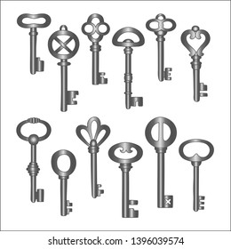 Vintage keys set, vector illustration isolated on a white background