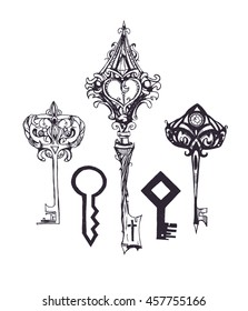 Vintage keys. Set. Vector. Isolated on white background. Drawn by hand. Nice element for your project.