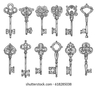 Teclas antiguas dibujan iconos. Vector de bronce antiguo o metal forja de bronce cerró las llaves del castillo real antiguo o medieval o de las puertas de la fortaleza con arcos y puentes ornamentales o florecientes