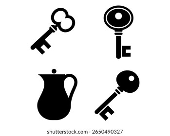 Vintage Keys and Teapot Silhouettes. set of black and white silhouette icons featuring a vintage-style key and a pitcher. silhouette, keys, antique keys, vintage keys, teapot, kitchenware, home decor,