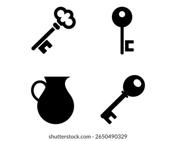 Vintage Keys and Teapot Silhouettes. set of black and white silhouette icons featuring a vintage-style key and a pitcher. silhouette, keys, antique keys, vintage keys, teapot, kitchenware, home decor,