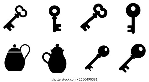 Vintage Keys and Teapot Silhouettes. set of black and white silhouette icons featuring a vintage-style key and a pitcher. silhouette, keys, antique keys, vintage keys, teapot, kitchenware, home decor,