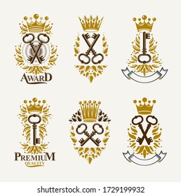 Vintage keys vector logos or emblems, heraldic design elements big set, classic style heraldry turnkeys symbols, antique secrets and locks.