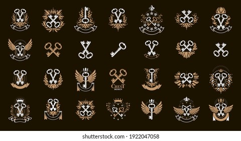 Vintage-Schlüssel Vektorlogos oder -Embleme, heraldische Design-Elemente großen Satz, klassische Stil heraldry Trunkeys Symbole, antike Geheimnisse und Schlösser.