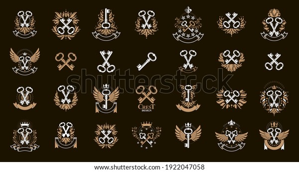 Vintage keys vector logos or emblems, heraldic\
design elements big set, classic style heraldry turnkeys symbols,\
antique secrets and\
locks.