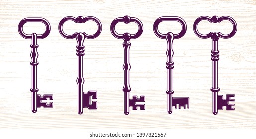 Vintage keys vector logos or icons set, beautiful antique turnkeys illustrations isolated.