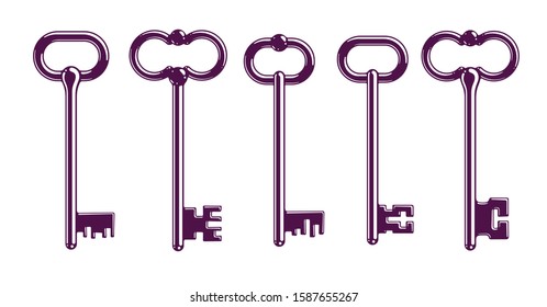 Vintage keys vector logos or icons set, beautiful antique turnkeys illustrations isolated.