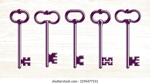 Vintage keys vector logos or icons set, beautiful antique turnkeys illustrations isolated.