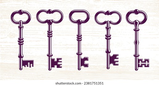 Vintage keys vector logos or icons set, beautiful antique turnkeys illustrations isolated.