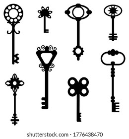 Vintage keys. Vector old ornate retro keys. Antique keys to the door lock with ornament. Decorative medieval clue.