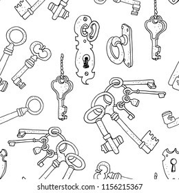Vintage keys vector seamless background, hand drawn pattern